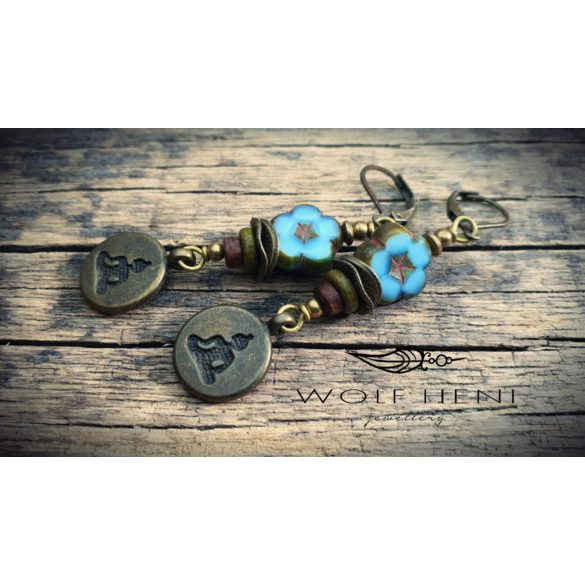 CSENDVIRÁG fülbevaló Buddha medállal, kézműves kerámiakorongokkal és cseh üveggyöngyökkel