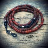 GURU szemüveglánc vöröses kókuszhéj gyöngyökkel és matt cseh üveggel