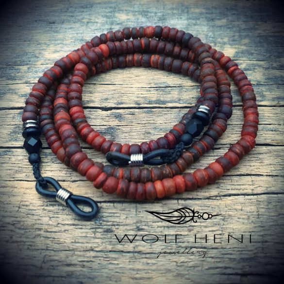 GURU szemüveglánc vöröses kókuszhéj gyöngyökkel és matt cseh üveggel