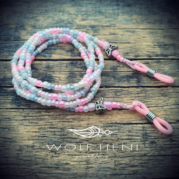 Harmatka pasztell üveggyöngyös kislányos szemüveglánc pillangó gyöngyökkel